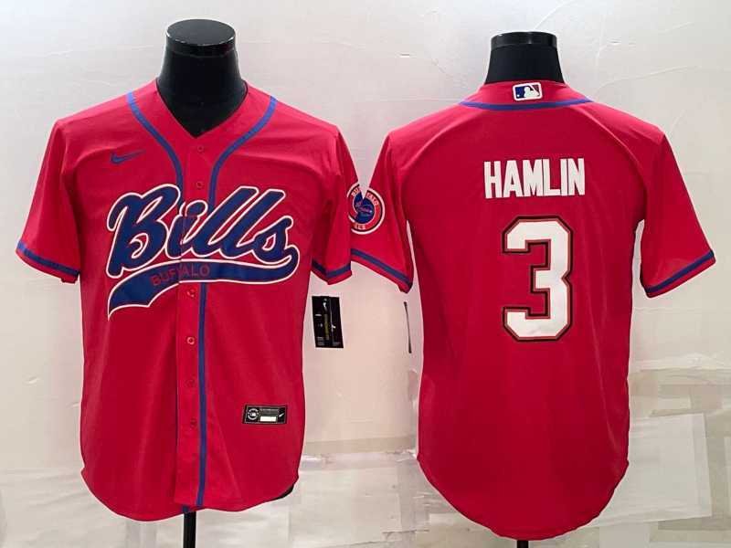 Mens Buffalo Bills #3 Damar Hamlin Red With Patch Cool Base Stitched Baseball Jersey